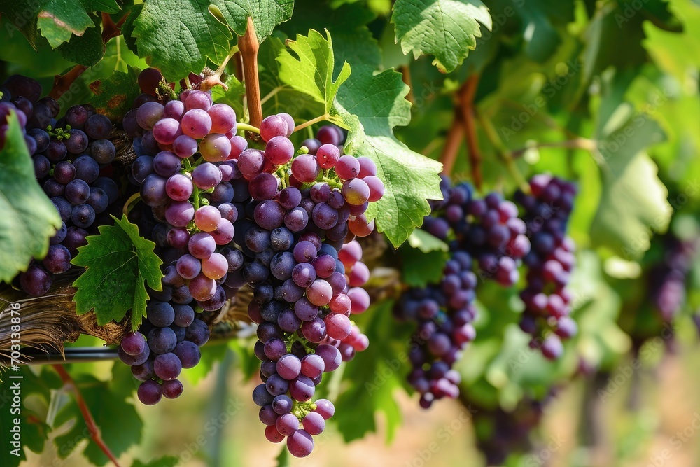 Ripening vineyard texture with clusters of grapes.