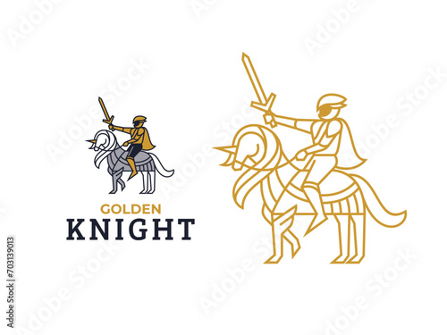 illustration of simple line art knight riding horse unicorn