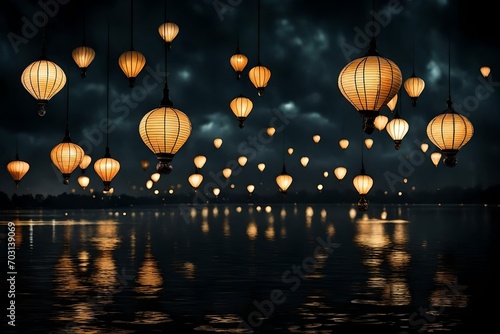 Fototapeta Naklejka Na Ścianę i Meble -  small flying lamp going towards sky with little fire burning in the lamp flying lamp background 