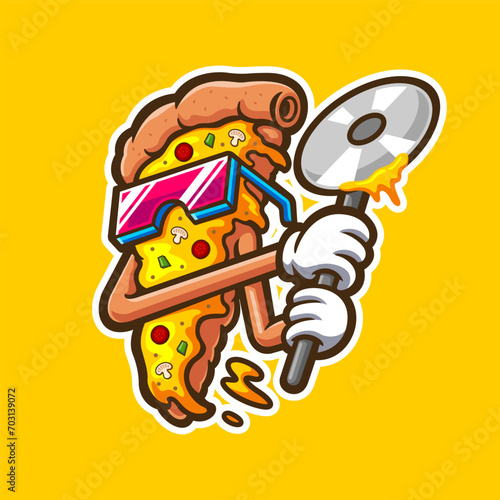 illustration of cute cartoon pizza holding pizza cutter
