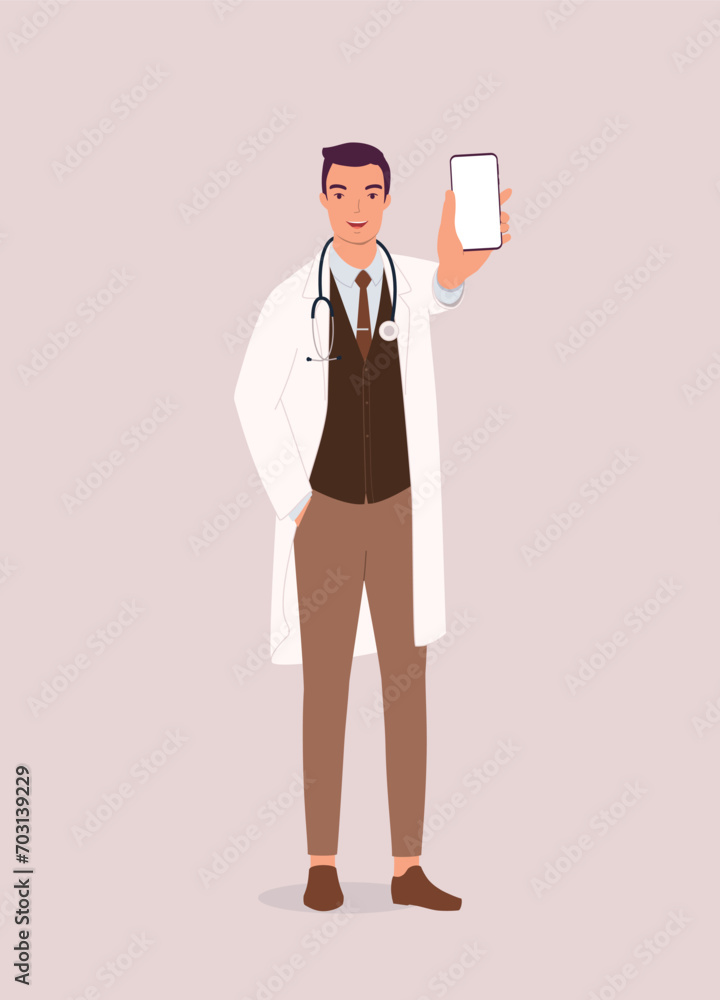One Smiling Male Doctor In Lab Coat And Stethoscope Standing And Showing His Cellphone With Blank Empty Screen. Full Length. One Smiling Male Doctor In Lab Coat And Stethoscope Standing And Showing His Cellphone With Blank Empty Screen. Full Length.