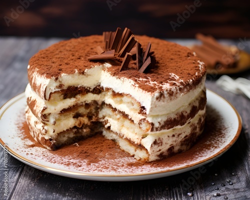 Tiramisu cake, traditional Italian dessert on dark wooden background