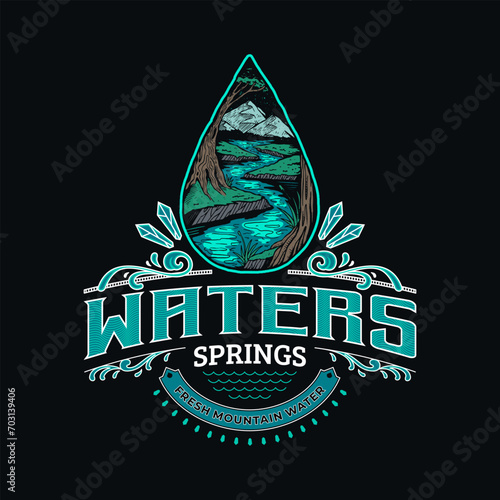 hand drawing vintage water illustration with mountain and river