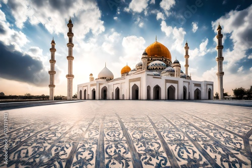 big mosque shinning under the blue sky with deep clouds abstract background  photo