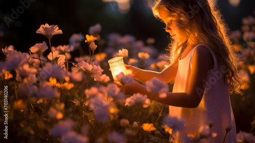 Young kid girl holding a small lantern in middle of a beautiful spring flowers field at dusk