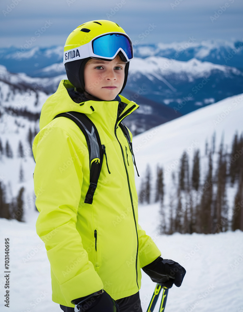 blond boy in a bright-colored sports ski jacket. portrait against the background of mountains