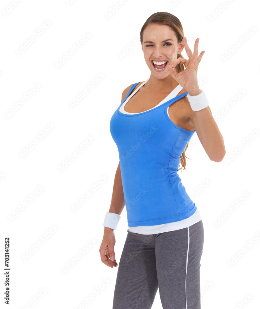 Happy woman, portrait and ok sign for fitness, care or love in health and wellness on a white studio background. Female person smile with like emoji, shape or symbol for perfect gesture on mockup Happy woman, portrait and ok sign for fitness, care or love in health and wellness on a white studio background. Female person smile with like emoji, shape or symbol for perfect gesture on mockup