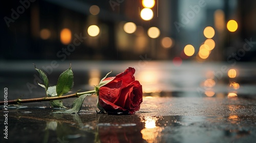 A rainy city with one rose lying on a wet road.