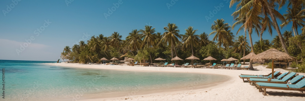 deserted beach, blue sea, palm trees and sun loungers. banner