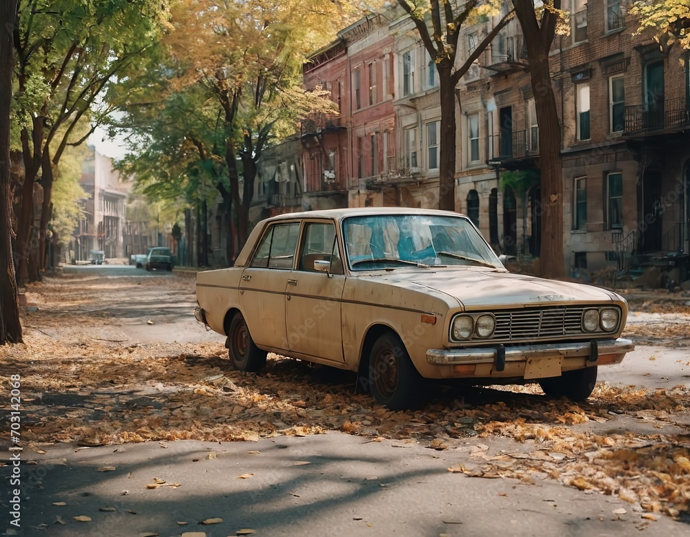 Rusty abandoned car on a city street