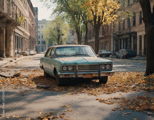 Rusty abandoned car on a city street