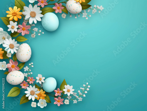 Colorful easter eggs with meadow flowers circle frame on blue with space for text digital art style. Easter spring holiday design template 