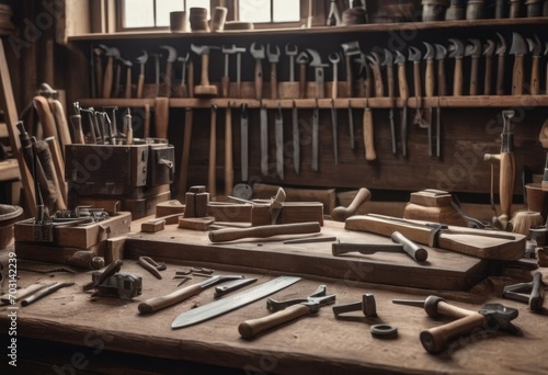 Diverse carpenter tools hanged on wooden wall