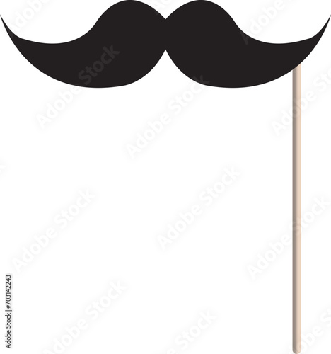 Moustache on stick. Paper moustache for carnival. Flat cartoon mustache for party. Fake moustache with stick for fathers day isolated on transparent background. Comedy cardboard moustache. Vector,
