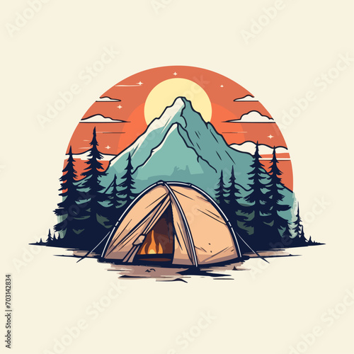 illustration of a camp images of the landscape outdoor holiday theme logo badge for tshirt, print, wallpaper, sticker, or any purpose photo