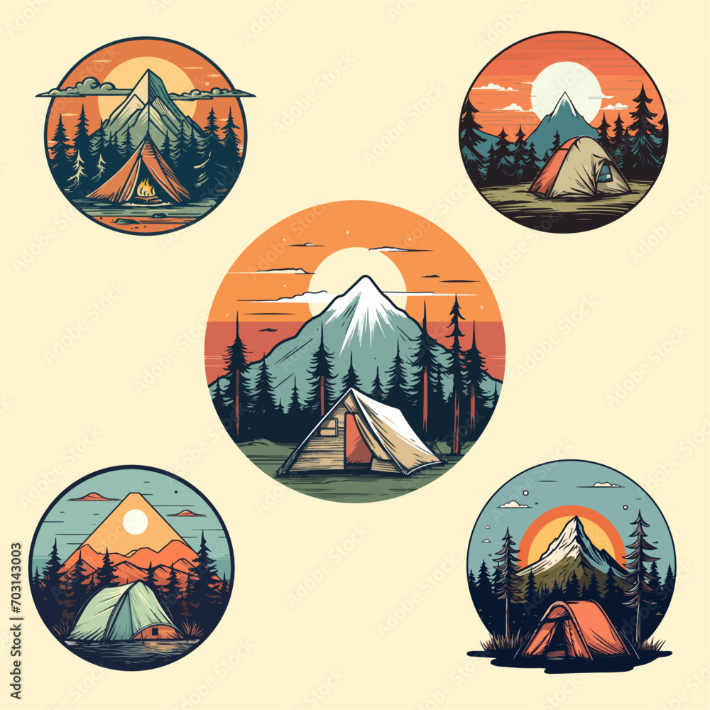 illustration of a set of images of the landscape camping logo badge for tshirt, print, wallpaper, sticker, or any purpose