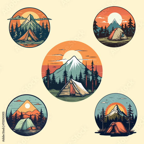 illustration of a set of images of the landscape camping logo badge for tshirt, print, wallpaper, sticker, or any purpose