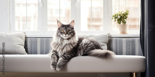 Maine Coon Cat Lounging on a Modern Sofa