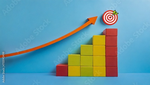 Curved line arrow jumping on colorful stair blocks from below to the target icon on the top block on blue background, minimal style. Business goal and success, growth marketing.