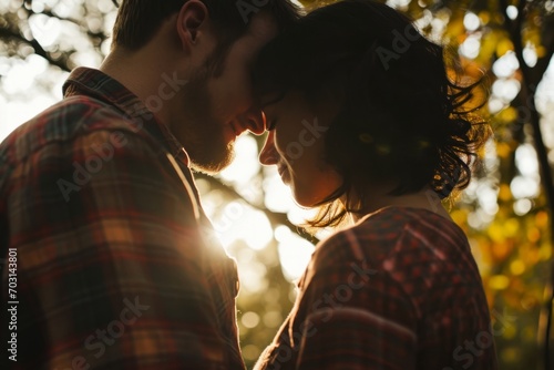 Silhouette of Couple at Sunset. Silhouetted couple touching foreheads lovingly against a sunset backdrop.