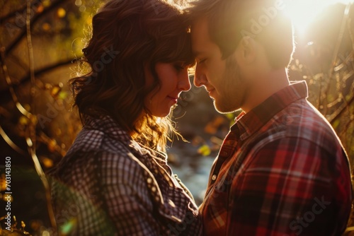 Autumn Romance in Sunlight. Couple in a loving gaze as sunlight filters through autumn leaves.