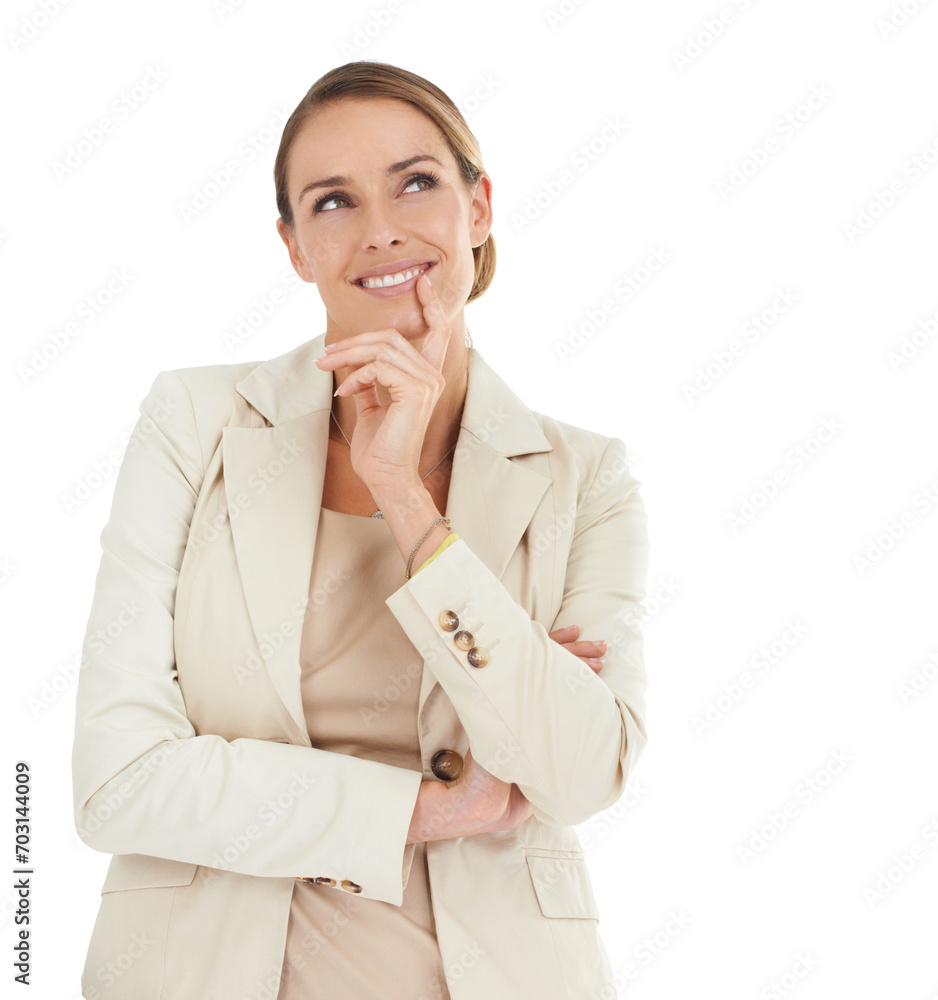 Smile, ideas or businesswoman in studio thinking of problem solving or space on white background. Happy, solution or confused attorney or lawyer contemplating thought, choice or option for decision Smile, ideas or businesswoman in studio thinking of problem solving or space on white background. Happy, solution or confused attorney or lawyer contemplating thought, choice or option for decision