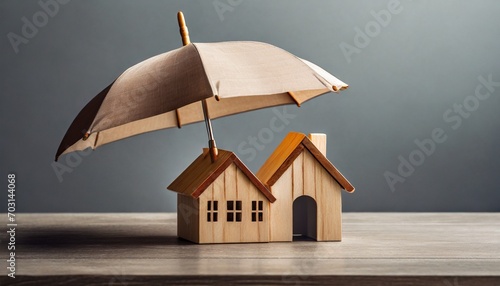Sheltered Abode: Home Insurance Concept Featuring a Wooden House and Umbrella"