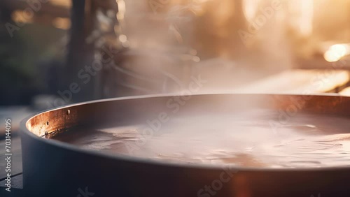 Closeup of the steam rising from the hot water of the ofuro tub, emphasizing the soothing and rejuvenating properties of the traditional experience. photo
