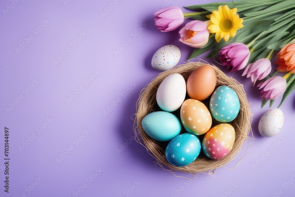 easter eggs in a basket on purple background easter eggs in a basket on purple background