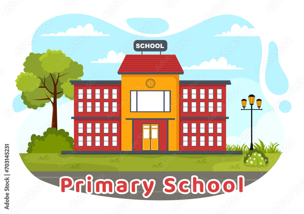 Fototapeta premium Primary School Vector Illustration of Students Children and School Building with The Concept of Learning and Knowledge in Flat Cartoon Background