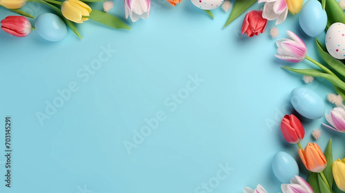 frame with colorful painted easter eggs and tulips on blue pastel background  #703145291