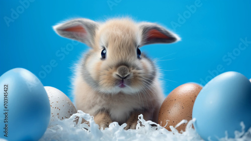 Funny easter concept holiday animal greeting card - Cute little easter bunny, baby rabbit in broken eggshell, easter eggs, isolated onblue background texture  photo