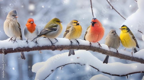 Group of colorful birds perched on a snow-covered branch.