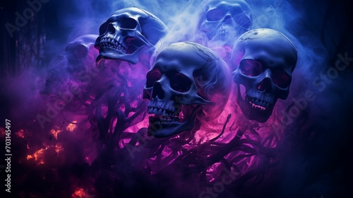 Human skulls enveloped in ethereal smoke.