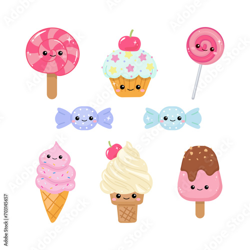 Cute dessert with ice cream, cupcake, and candy collection clipart
