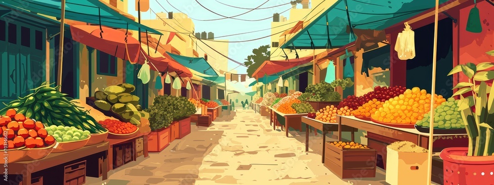 Indian outdoor street market, bazaar or souk, cartoon illustration