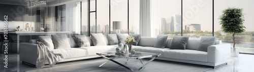 Panorama of white and gray living room in glamour style with glass dining and coffee tables and quilted corner sofa © kashif 2158
