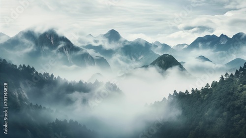 Image of fog enveloping majestic mountains. © kept