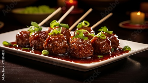 Image of sour meatballs served on toothpicks. photo