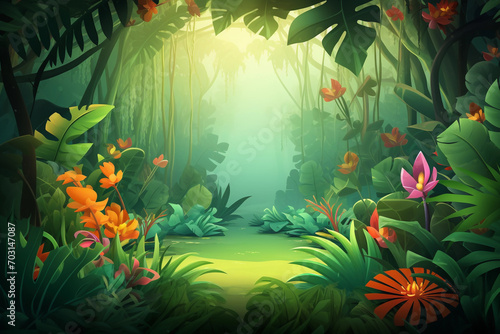 cartoon illustration of background morning jungle. Bright jungle with ferns and flowers. For design game, websites and mobile phones, printing. AI generative