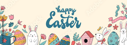 Easter horizontal banner with lettering quote and doodles for social media covers, prints, leaflets, cards, templates, invitations, etc. EPS 10