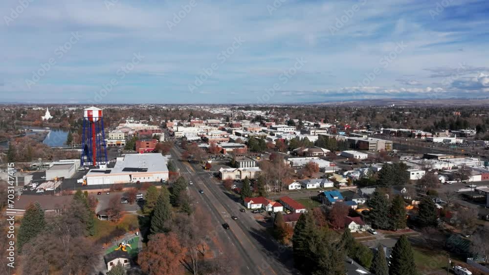 Drone shot panning to the left of downtown Idaho Falls with the water town Drone shot panning to the left of downtown Idaho Falls with the water town