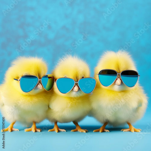 three yellow chicks with blue sunglasses bang, studio blue background. easter concept 