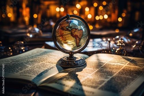 A glass globe and an open book on a bokeh background.