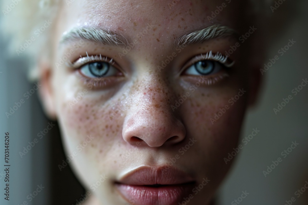 In this captivating portrait, the stunning albino African American woman exudes a unique beauty, celebrating diversity with her melanin-rich charm.  - obrazy, fototapety, plakaty 