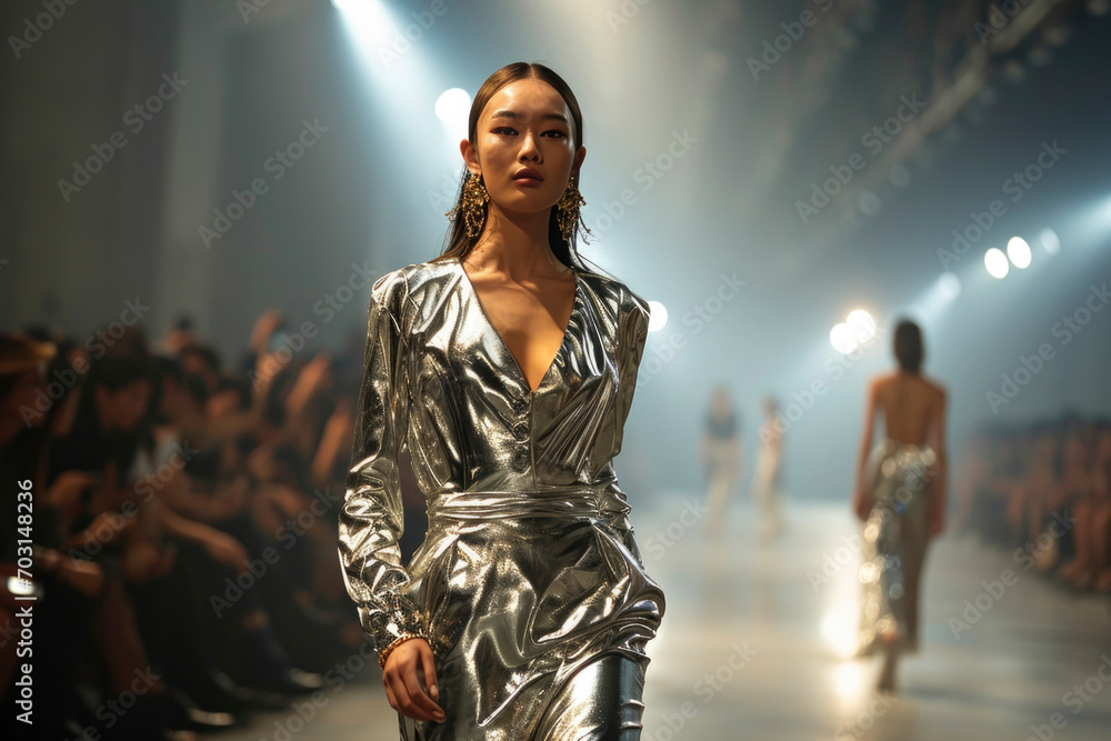 In the spotlight at high fashion week, the Asian fashion model struts the runway in stunning metallic silver clothing, embodying modern elegance and avant-garde style - obrazy, fototapety, plakaty 