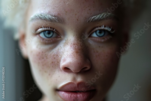 In this captivating portrait, the stunning albino African American woman exudes a unique beauty, celebrating diversity with her melanin-rich charm.  photo