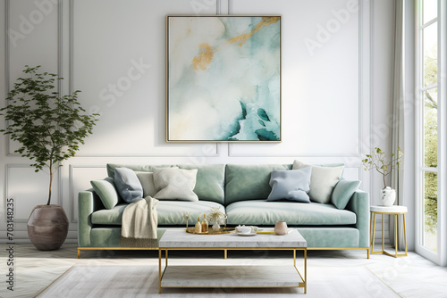 Luxury Livingroom house or apartment interior design, mock up room design, plants, and elegant personal accessories. Couch and table furniture with poster art and room accessories home decor © G