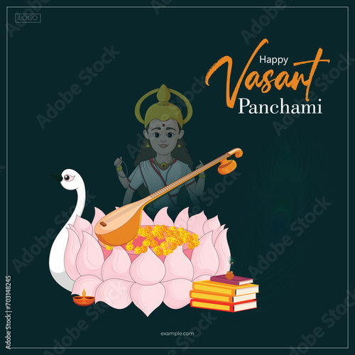 Vector illustration Vasant Panchami India festival Editable Post Banner Template with Goddess of Wisdom Saraswati  photo