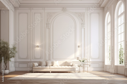 Luxury home interior design of a living room with tall ceiling  white sofa  french windows  fireplace  white panel wall background  modern house decor architecture